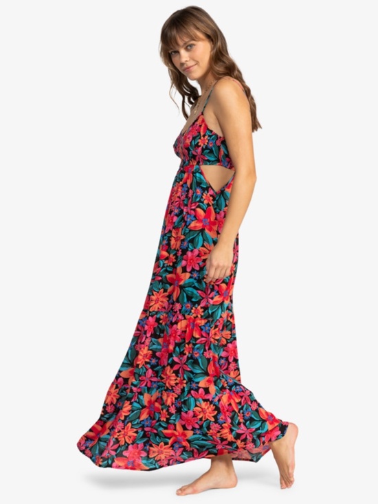 Roxy Hot Tropics Floral Smocked Cut-Out Tiered Maxi Dress Tropical Boho S - Picture 3 of 9